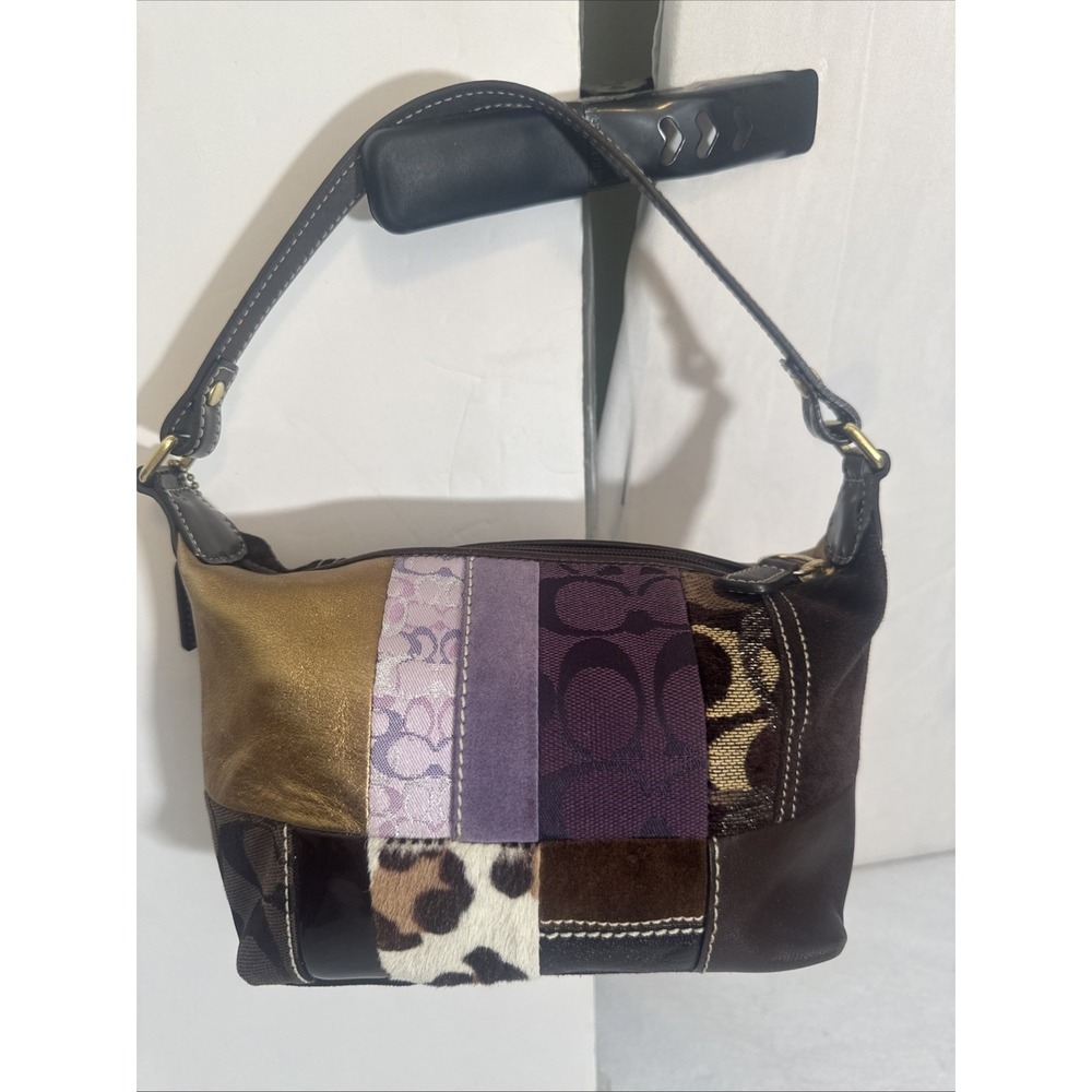 Y2K Coach Patchwork Bag Mini Baguette Brown Purple Gold Animal Print Logo Print - Picture 1 of 10